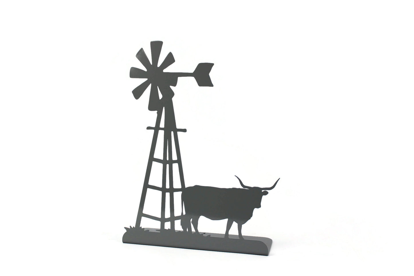 Windmill and Longhorn Cow Tabletop Metal Home Decor 14.75 Inches Tall