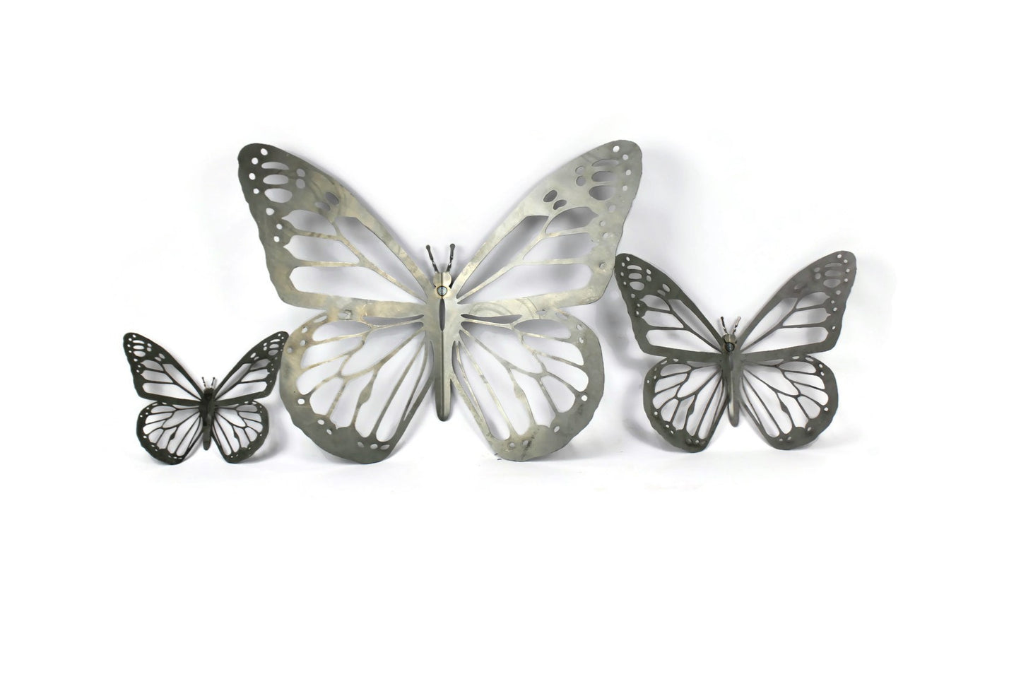 Raw steel metal monarch butterfly wall art in three sizes