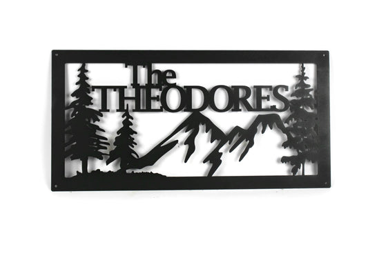 Family Name Metal Mountain Forest Cabin Sign 23 to 32 Inches Wide