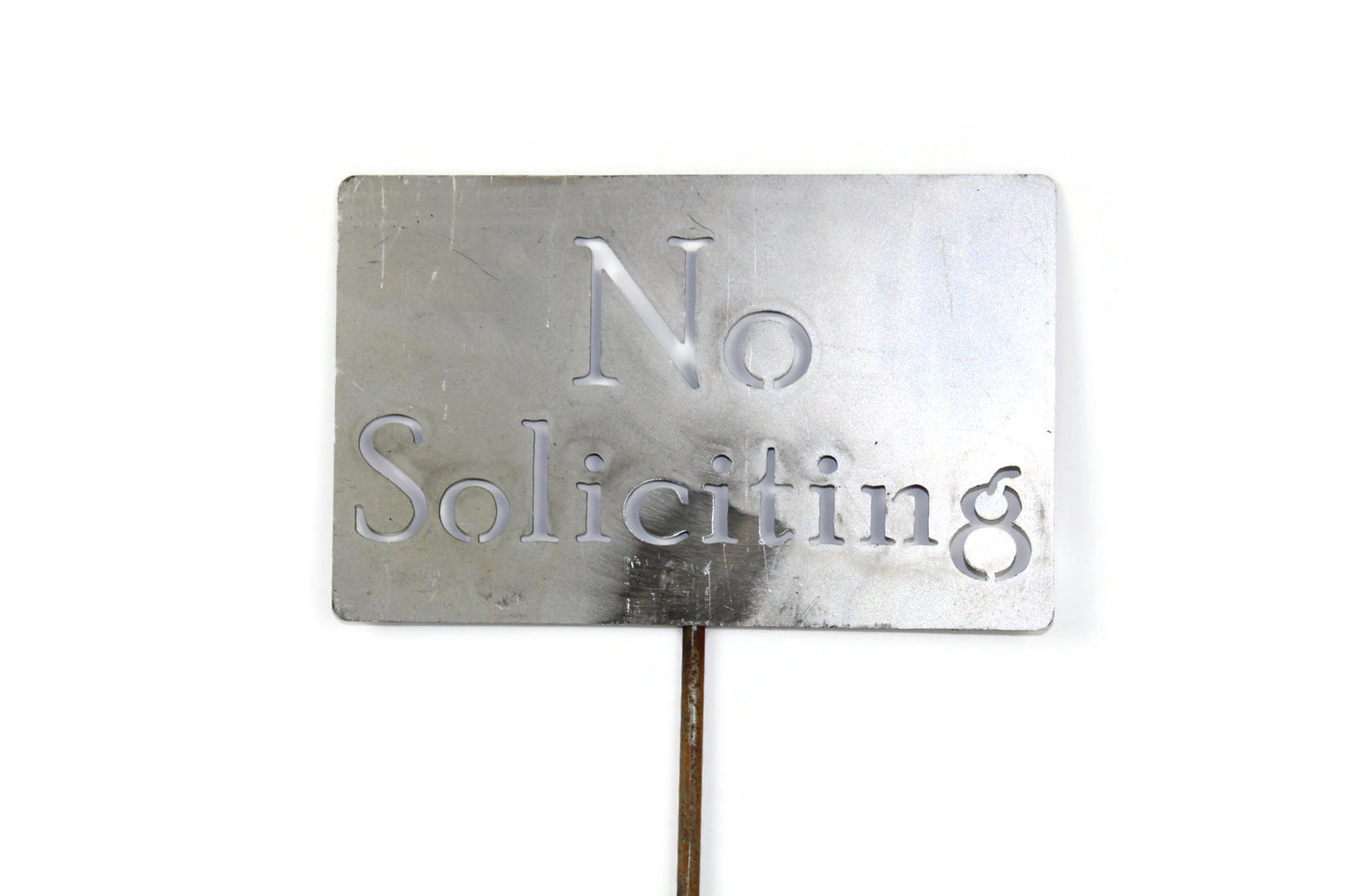 No Soliciting raw steel garden stake sign