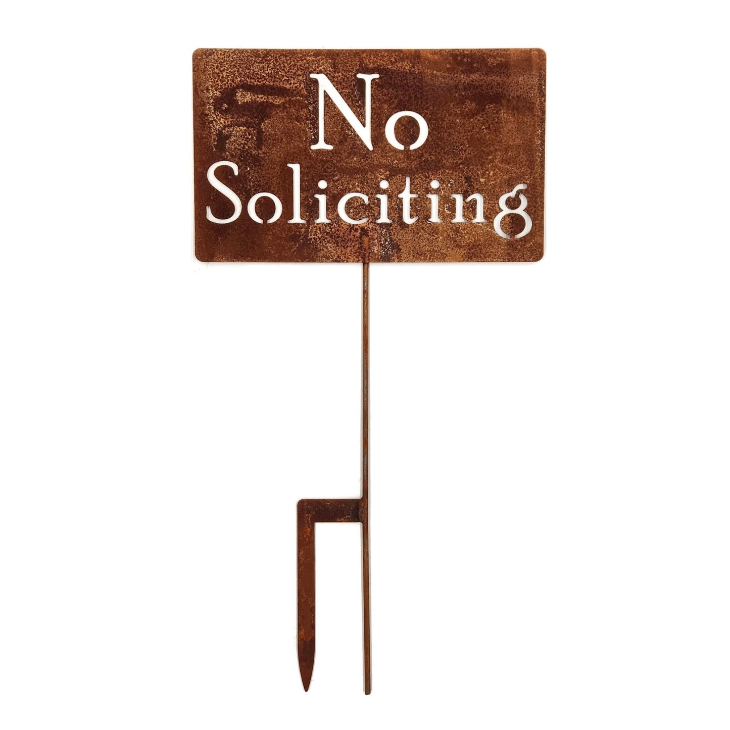 No Soliciting large rusty garden stake sign