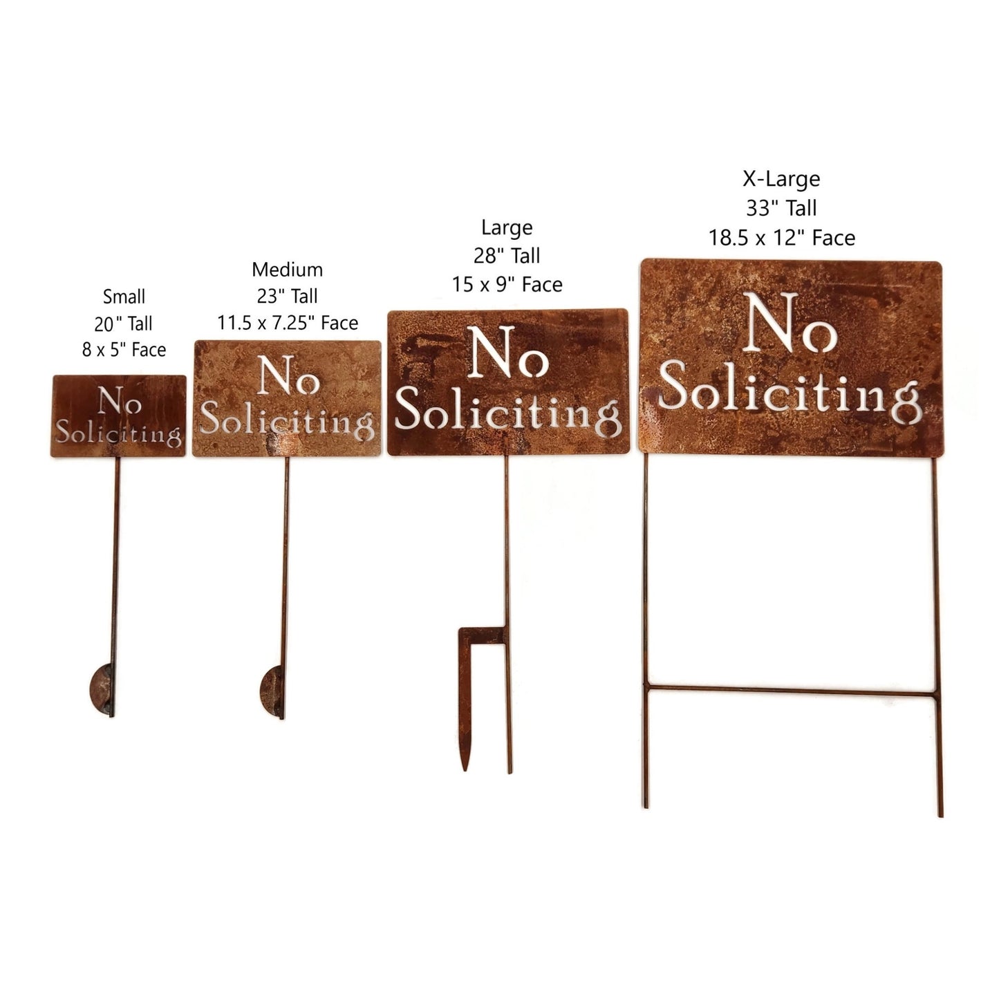 No Soliciting small, medium, large, and extra large rusty garden stake sign size comparison