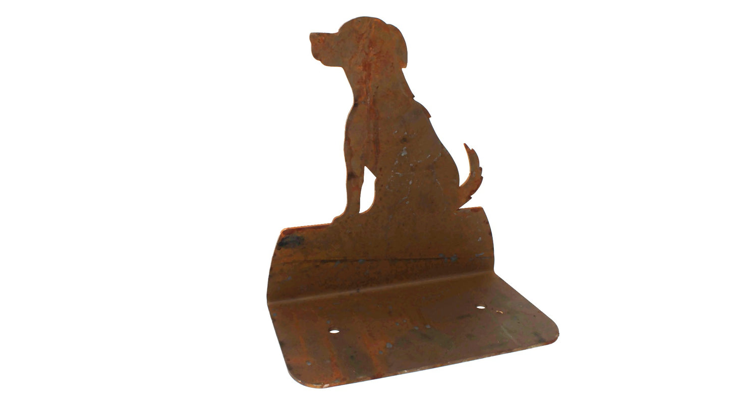 Rusty metal sitting dog stake back side
