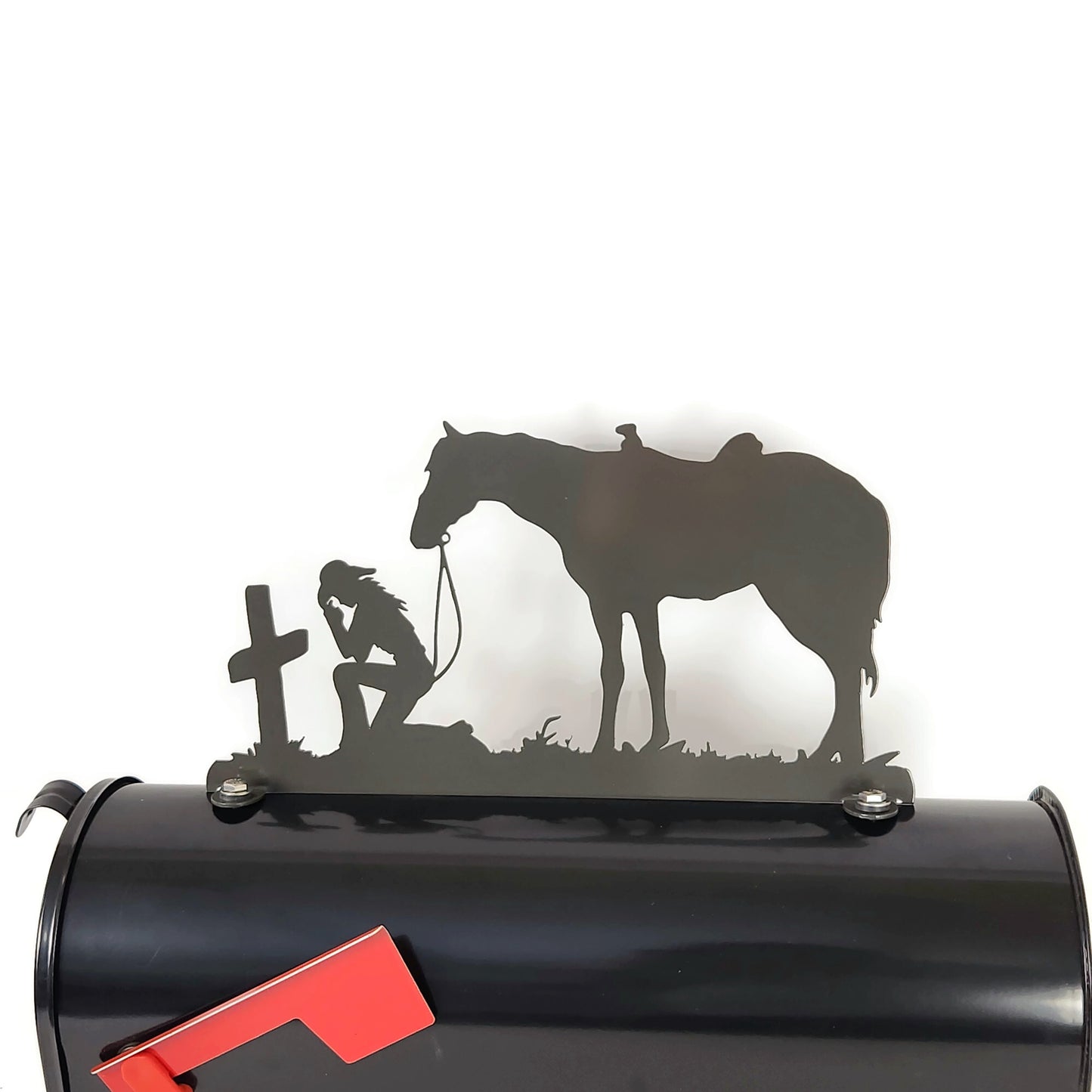 Dark gray praying cowgirl with horse mailbox topper installed on a mailbox
