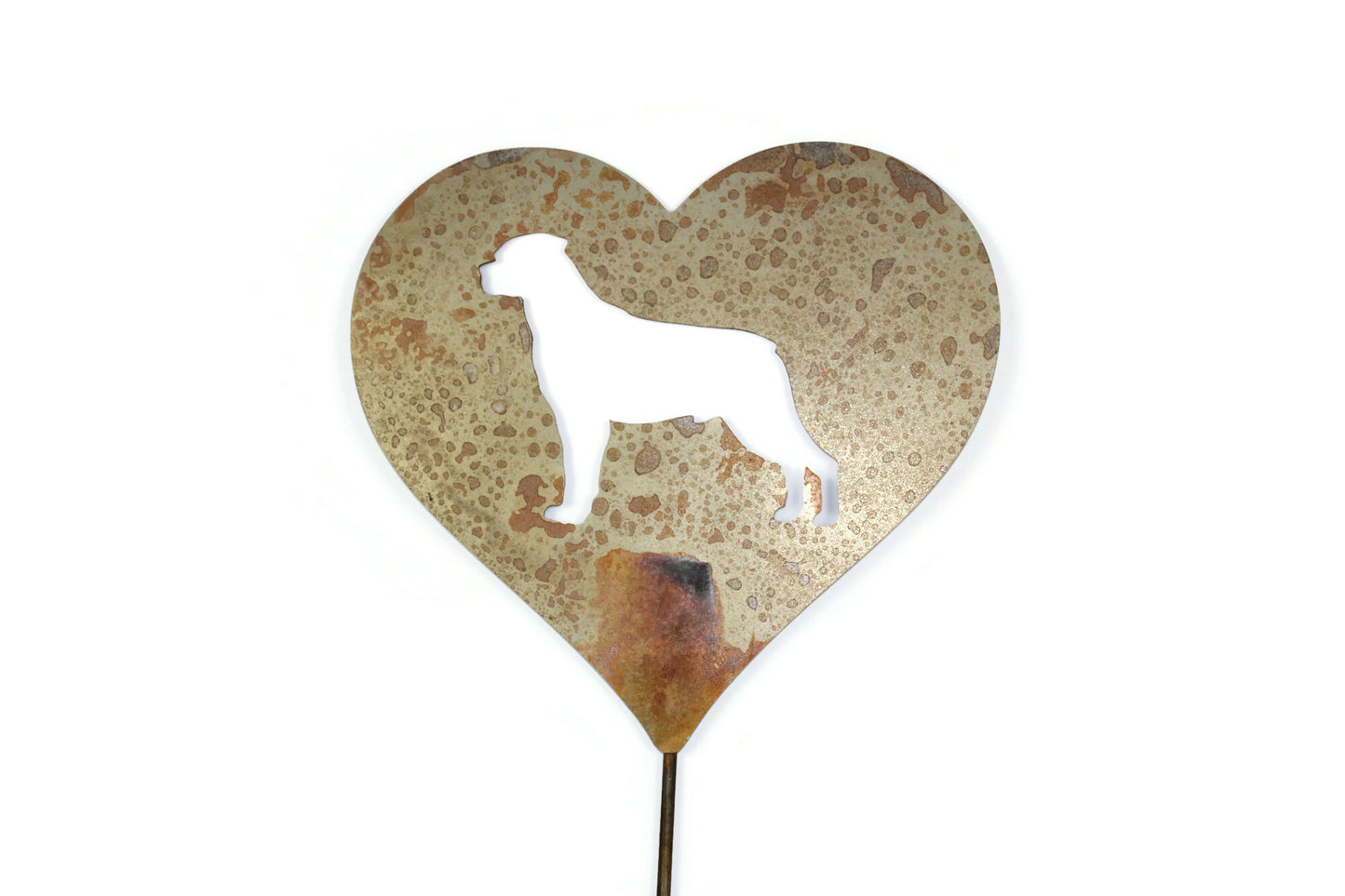 Custom heart-shaped rusty garden stake sign in rust with a rottweiler dog silhouette