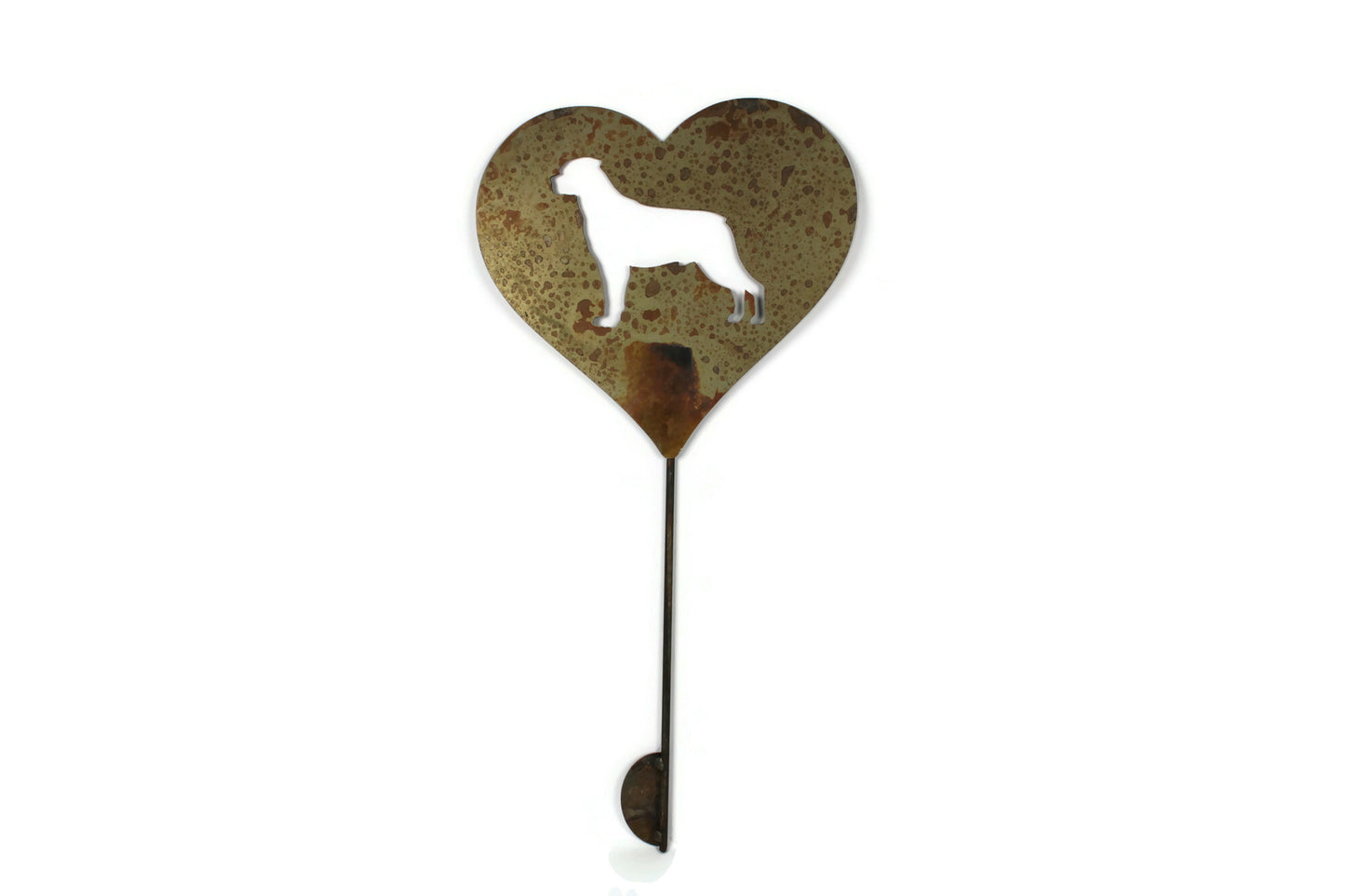 Custom heart-shaped rusty garden stake sign in rust with a rottweiler dog silhouette