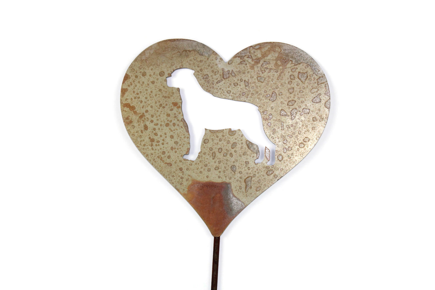 Custom heart-shaped rusty garden stake sign in rust with a rottweiler dog silhouette