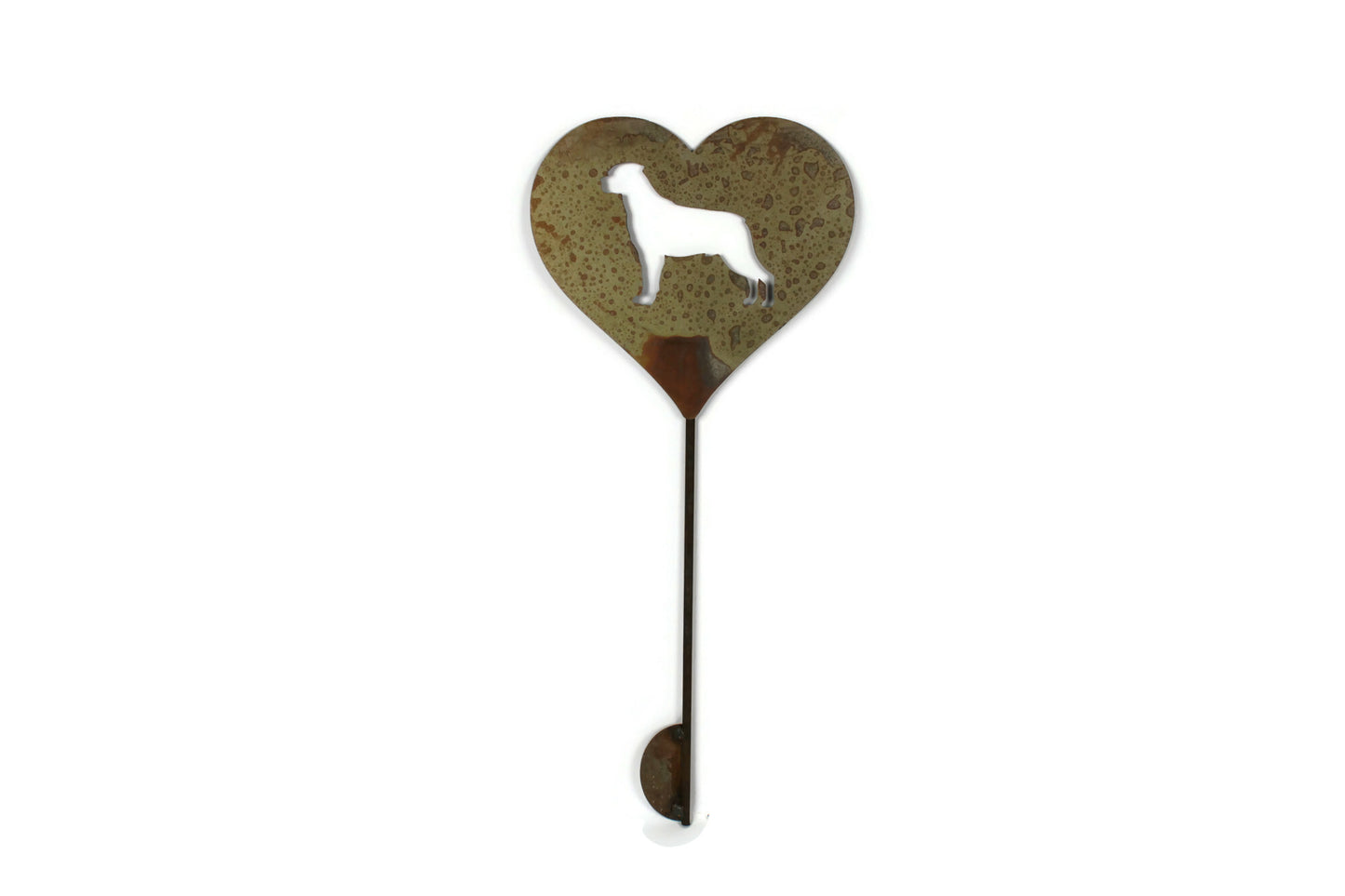 Custom heart-shaped rusty garden stake sign in rust with a rottweiler dog silhouette