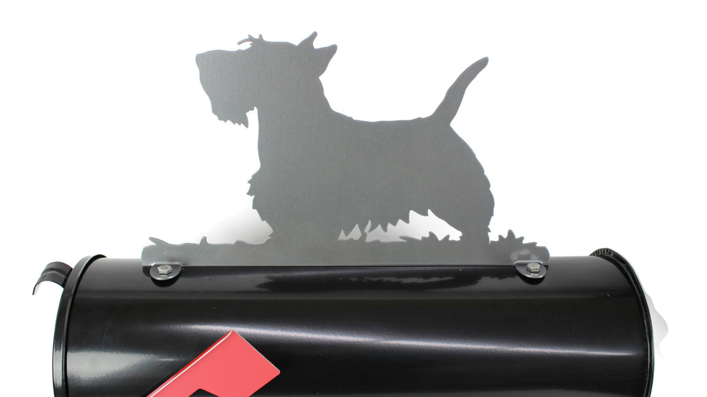 Metallic dark gray Scottish Terrier mailbox topper installed on a mailbox