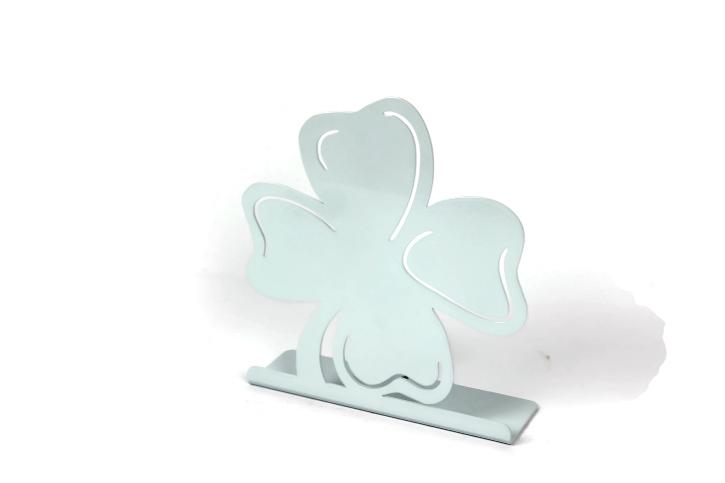 Irish shamrock metal tabletop stand in mint white powder coat