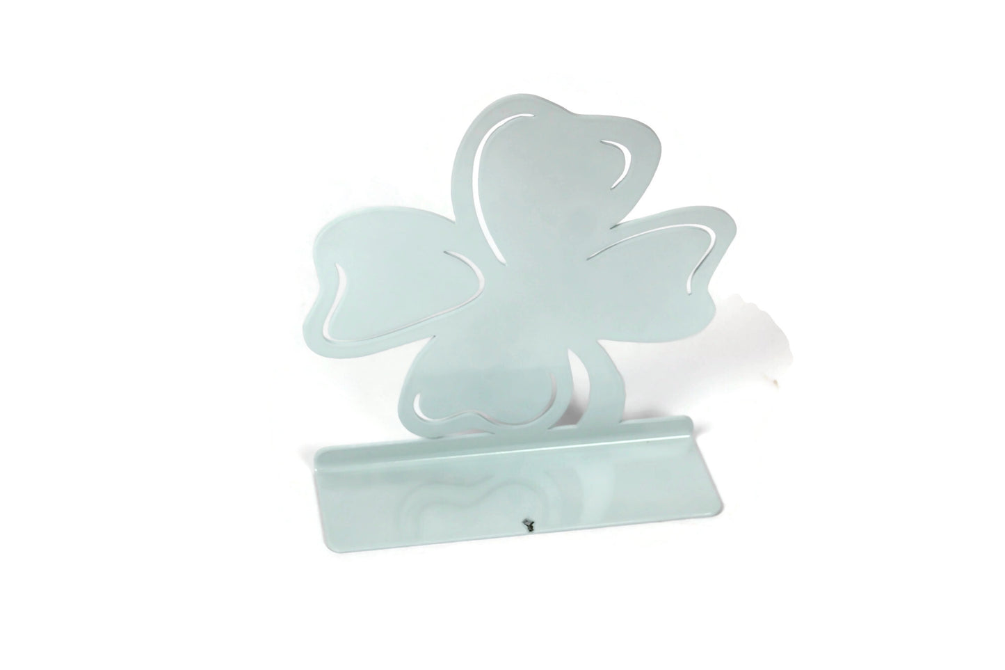 Irish shamrock metal tabletop stand in mint white powder coat back side