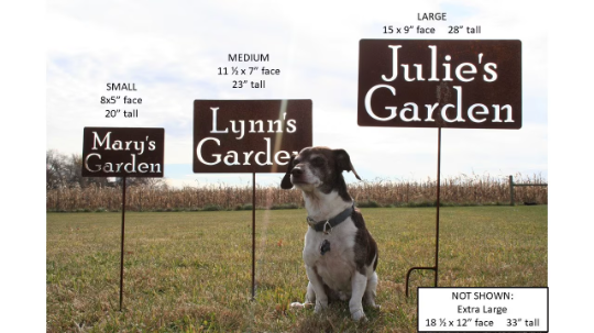 Small, medium, and large garden stake signs with a dachshund for comparison