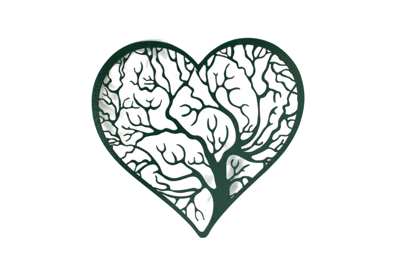 Hammered dark green powder coat tree heart with outline metal wall sign