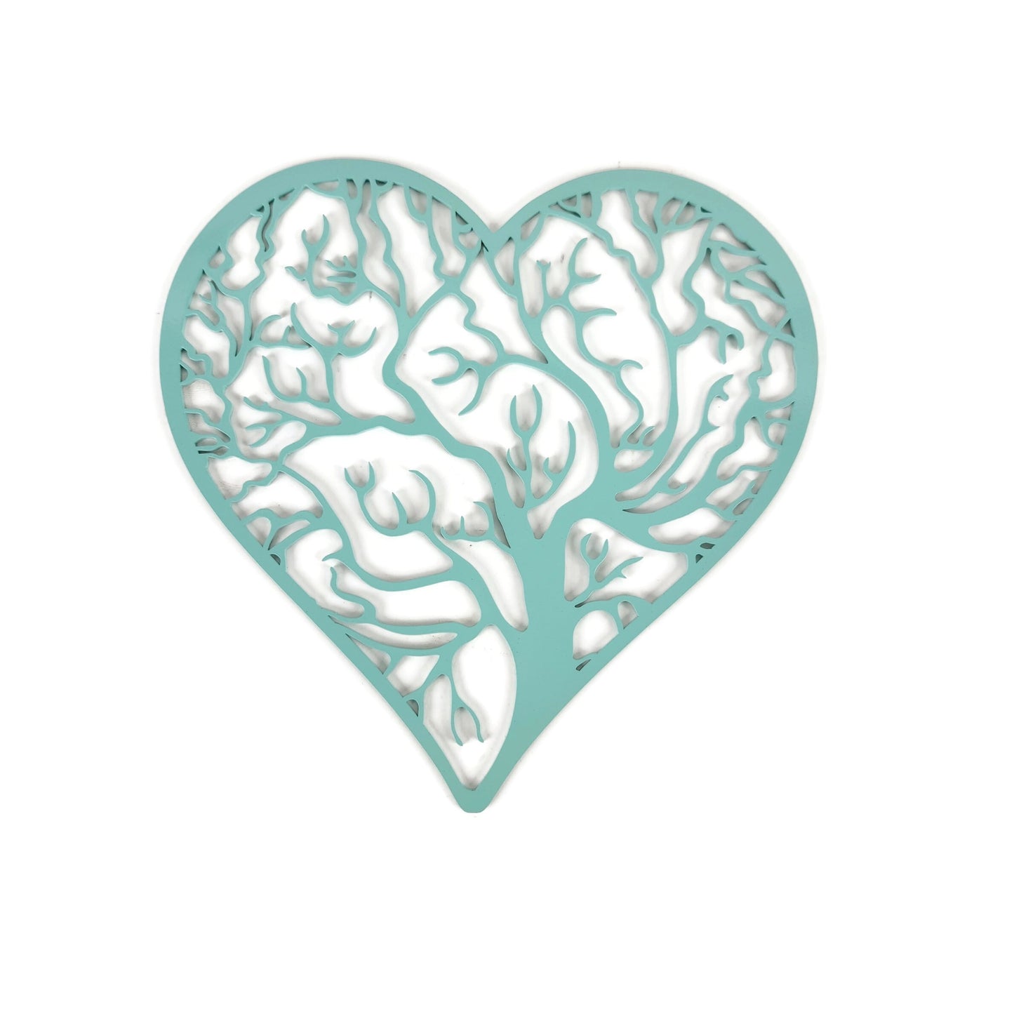 Light turquoise powder coat tree heart with outline metal wall sign