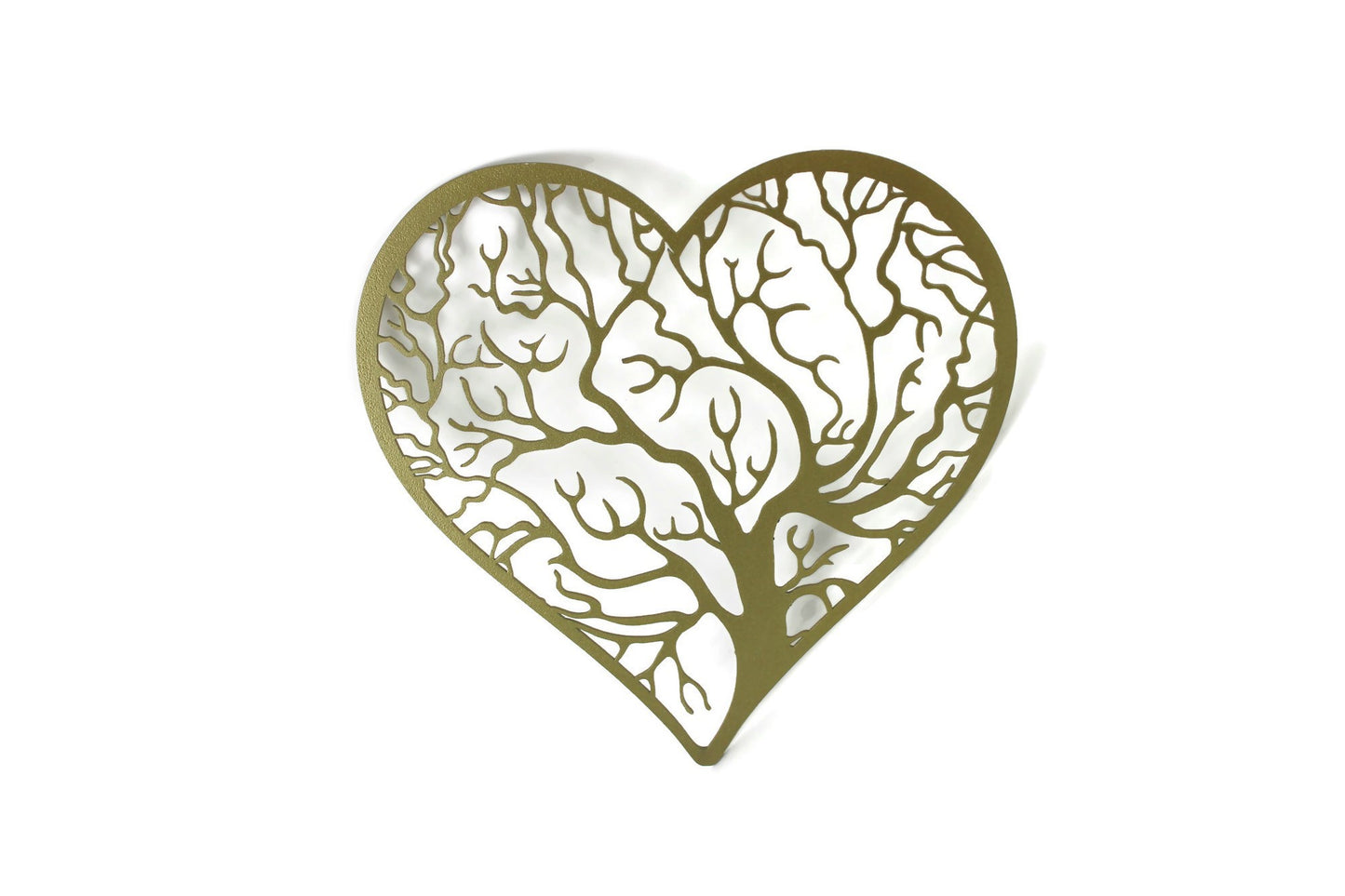Matte gold powder coat tree heart with outline metal wall sign
