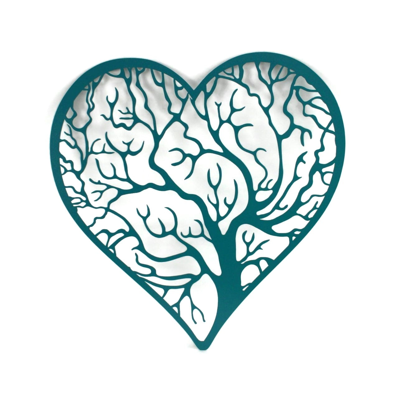 Teal powder coat tree heart with outline metal wall sign