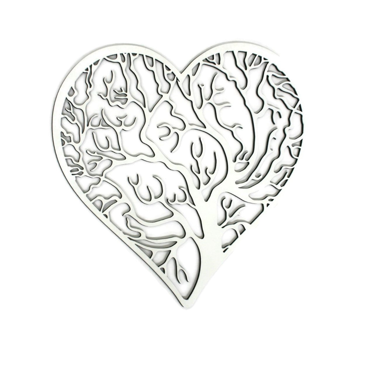 White powder coat tree heart with outline metal wall sign