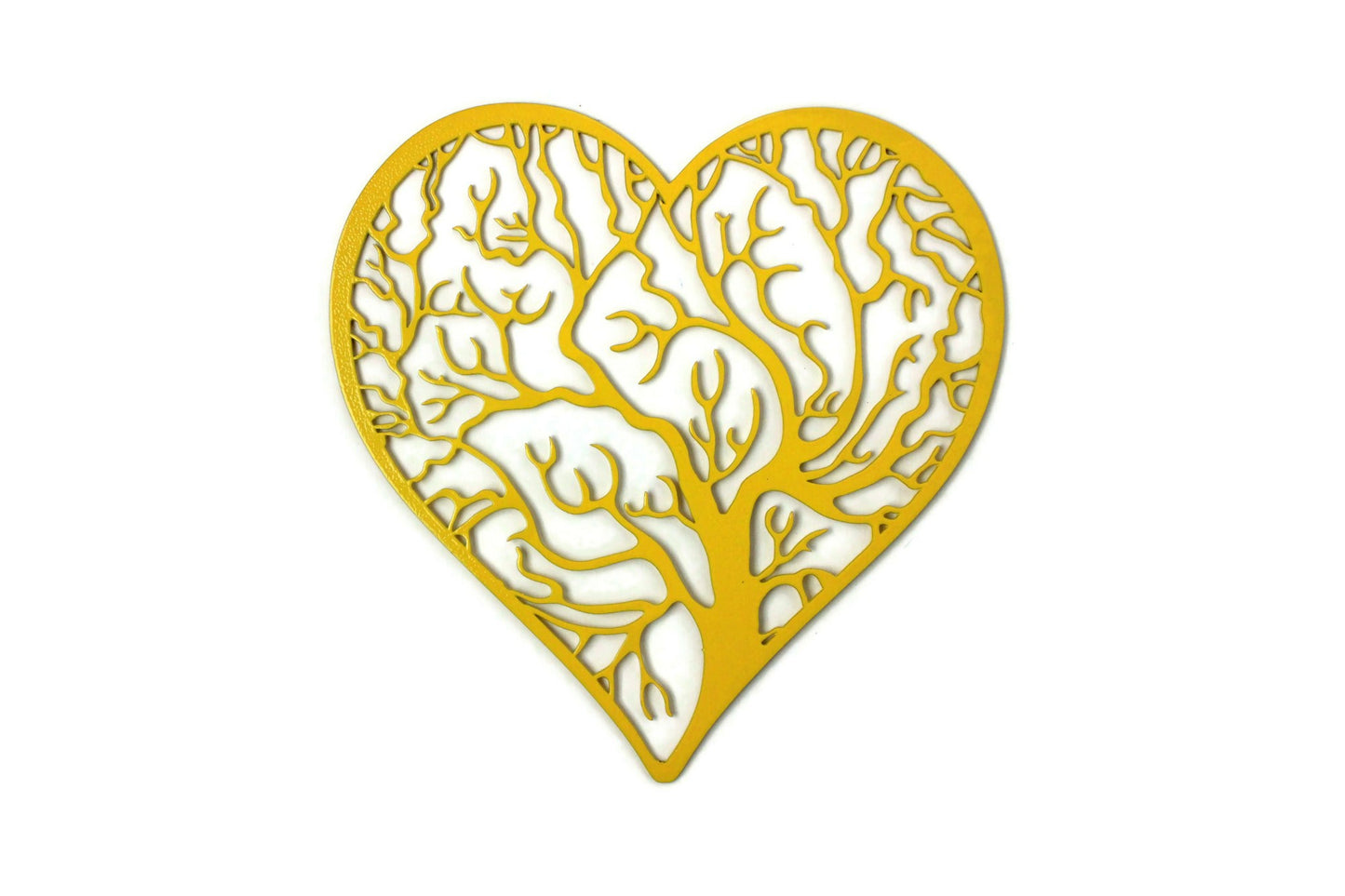 Yellow powder coat tree heart with outline metal wall sign