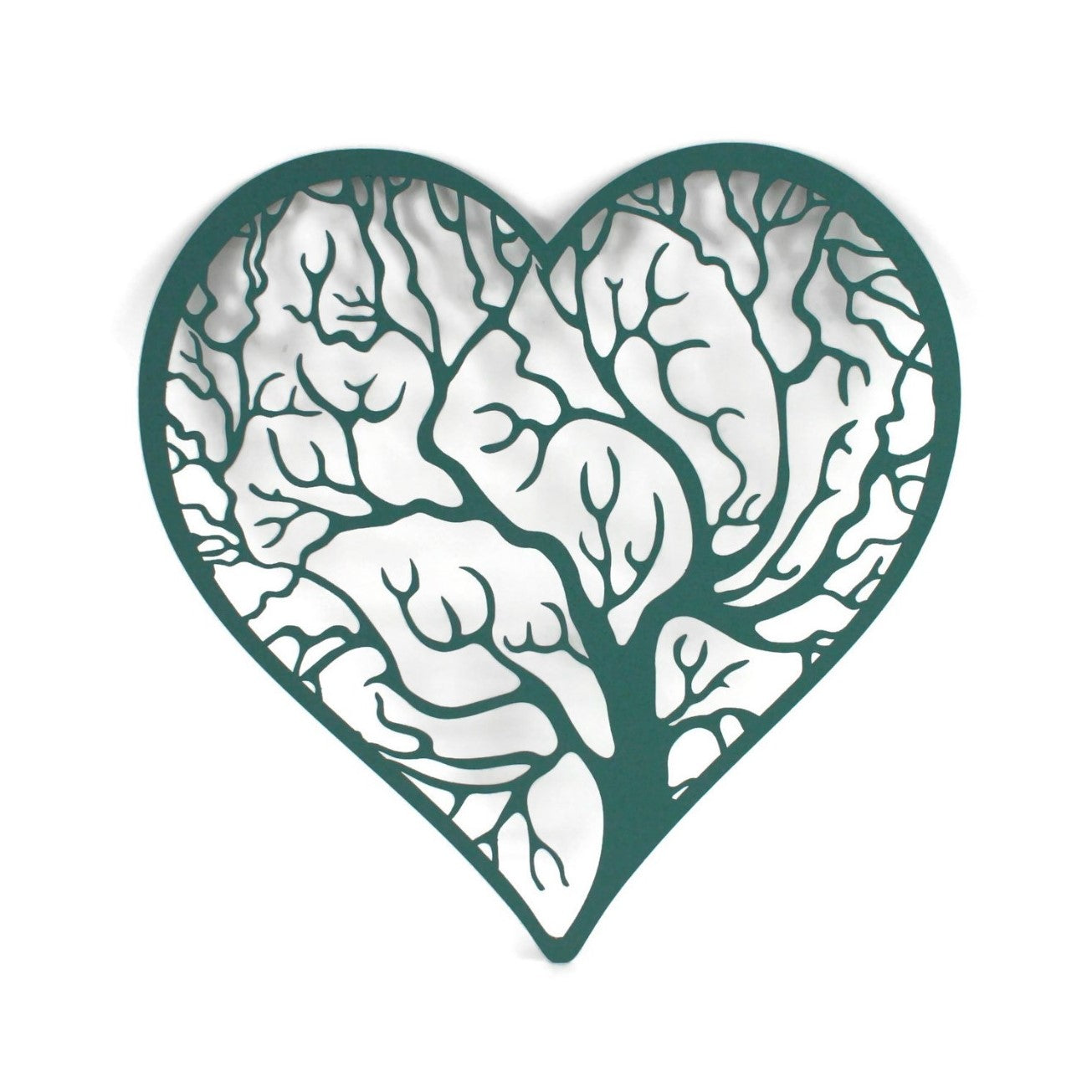 Copper patina green powder coat tree heart with outline metal wall sign