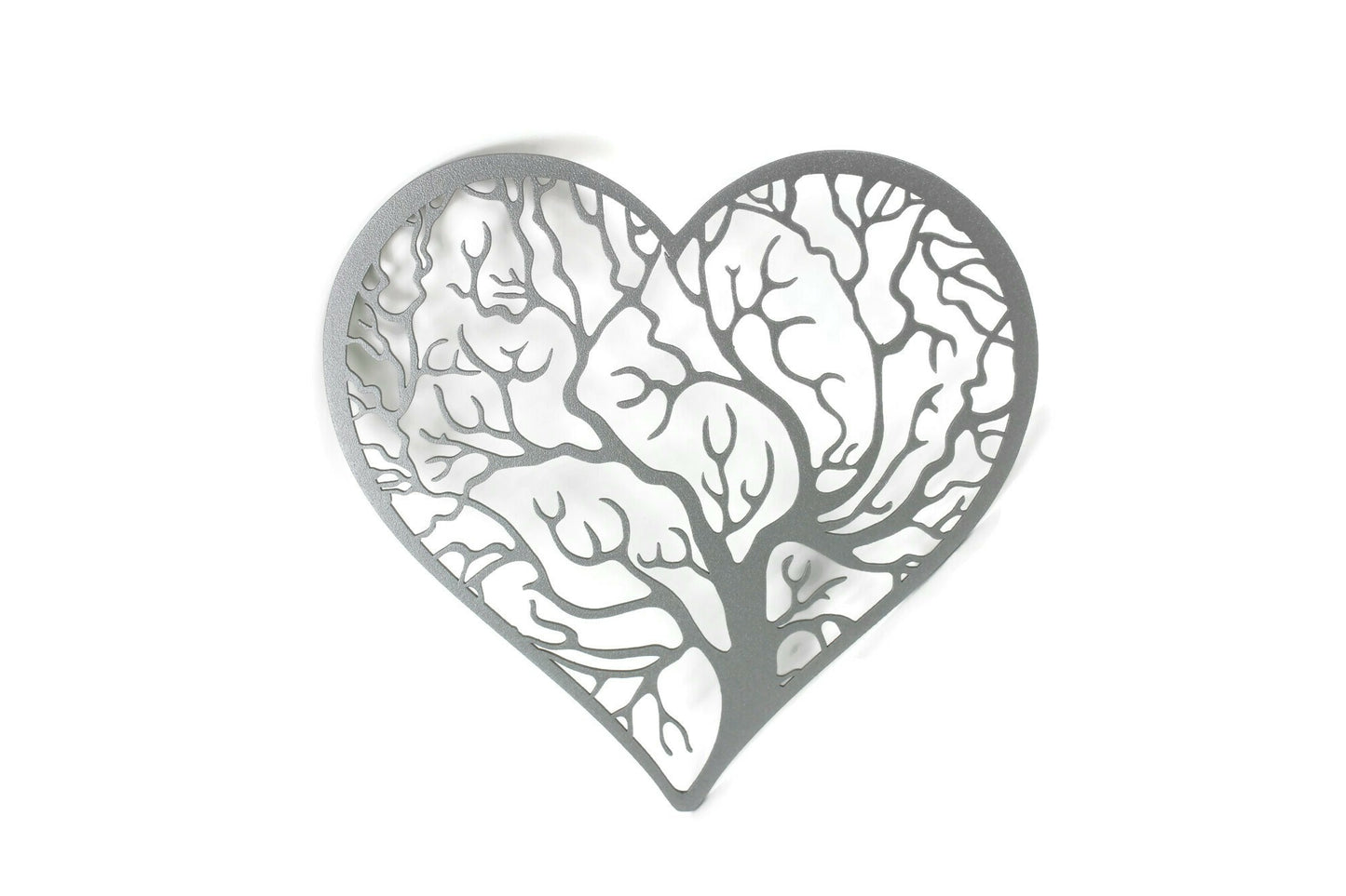 Matte silver powder coat tree heart with outline metal wall sign