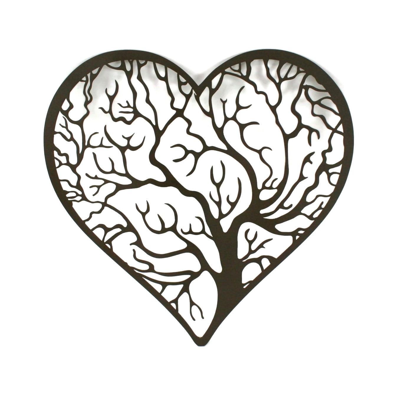 Matte dark brown powder coat tree heart with outline metal wall sign