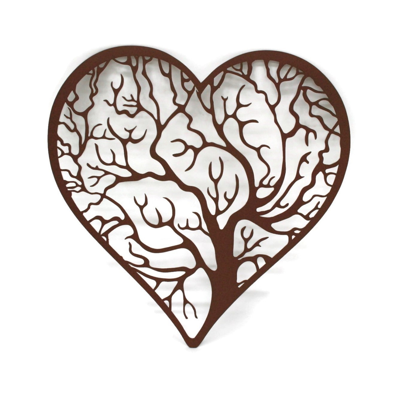 Matte rust brown powder coat tree heart with outline metal wall sign