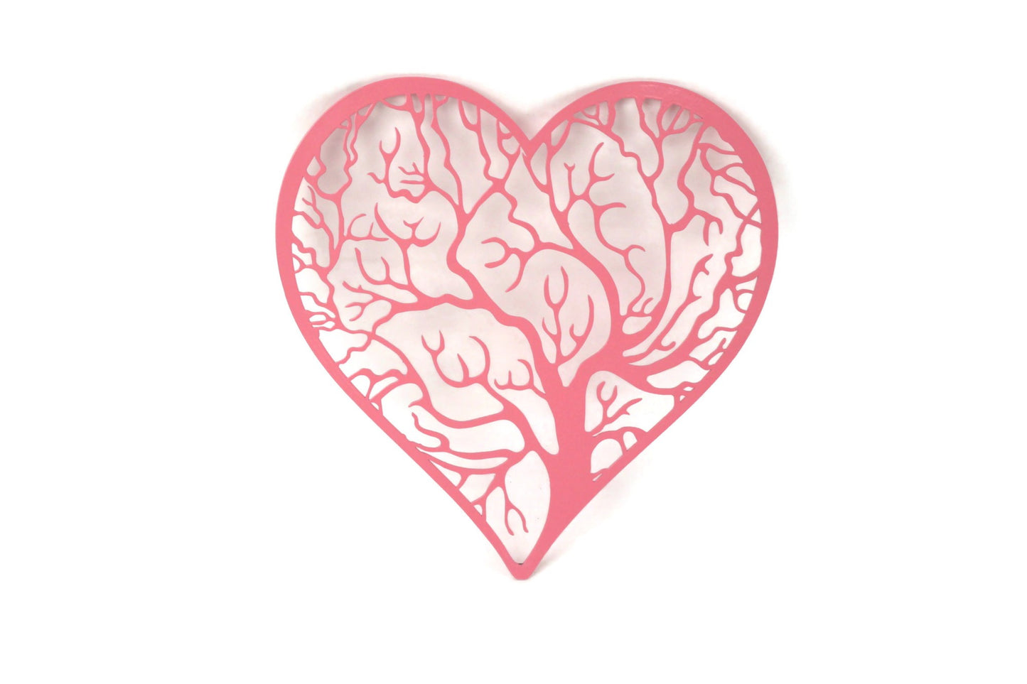 Pink powder coat tree heart with outline metal wall sign