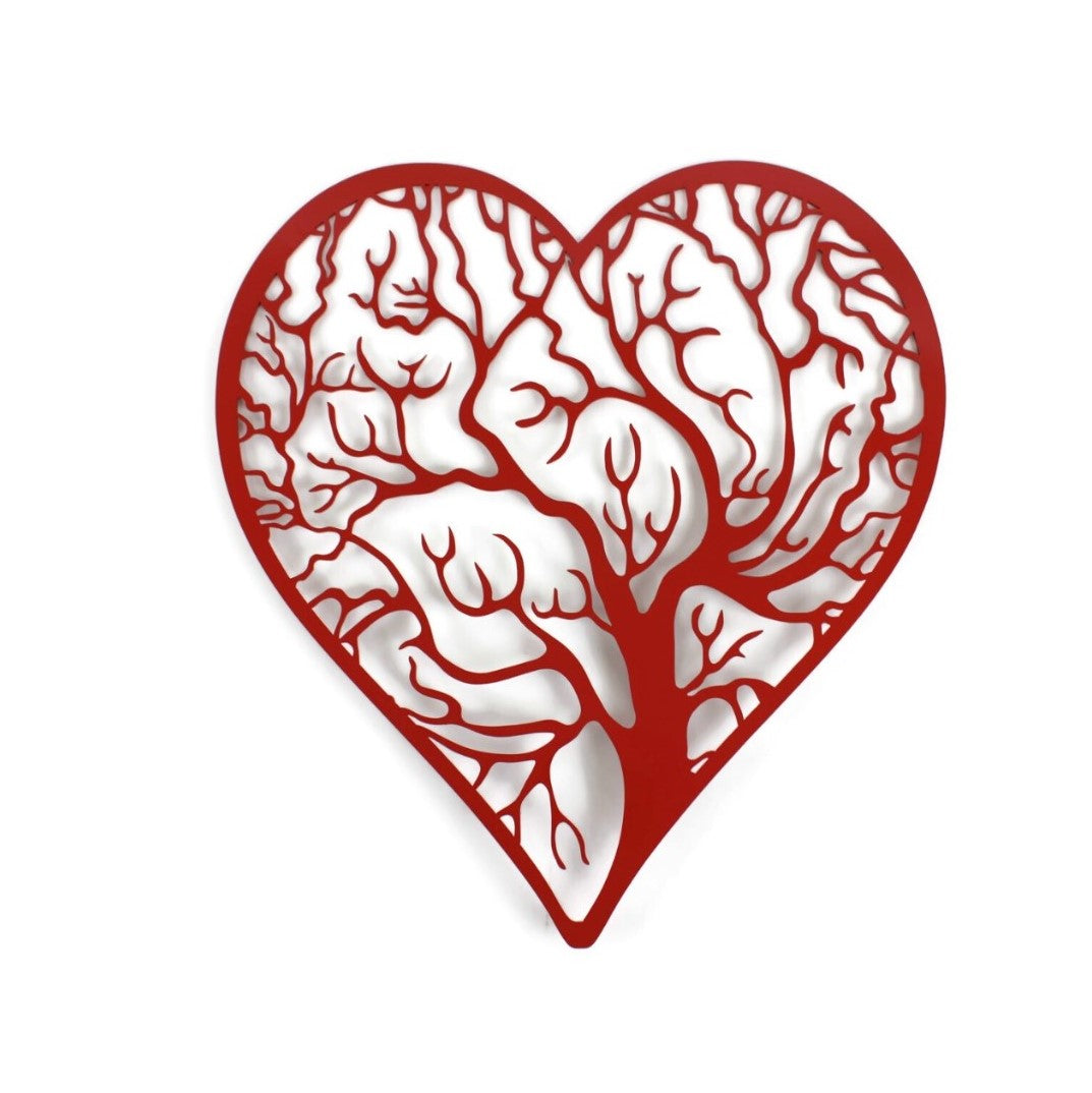 Red powder coat tree heart with outline metal wall sign