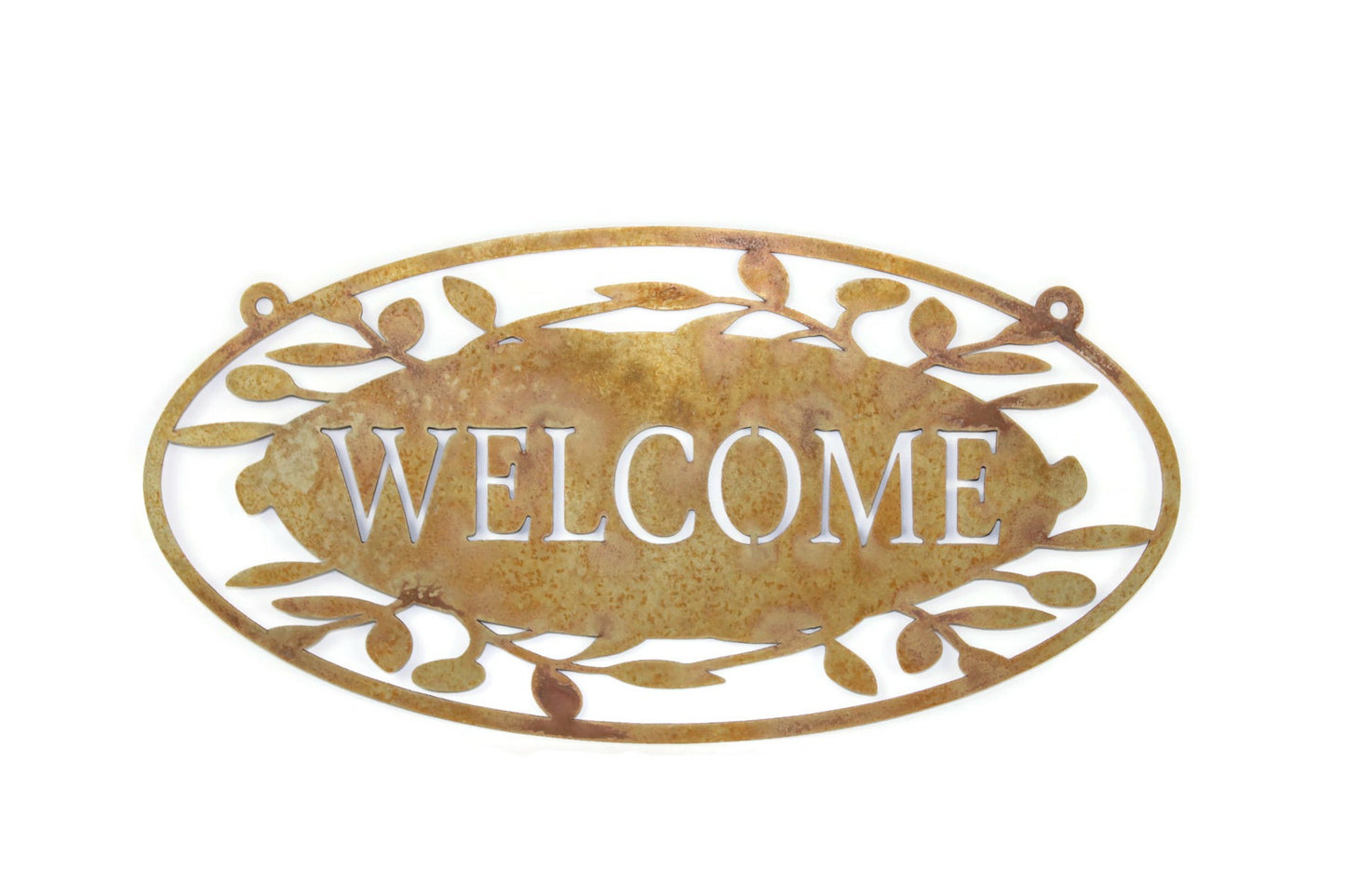 Metal Welcome Sign Wall Art With Leaf Pattern 16 Inches Wide