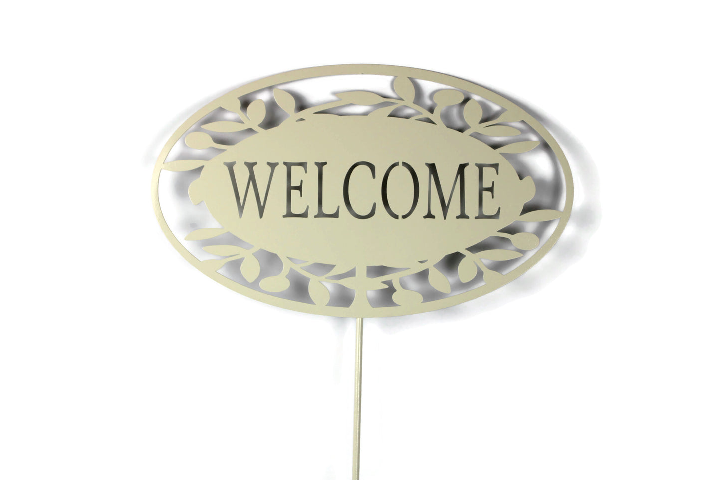 Cream powder coat welcome leaf pattern metal garden stake