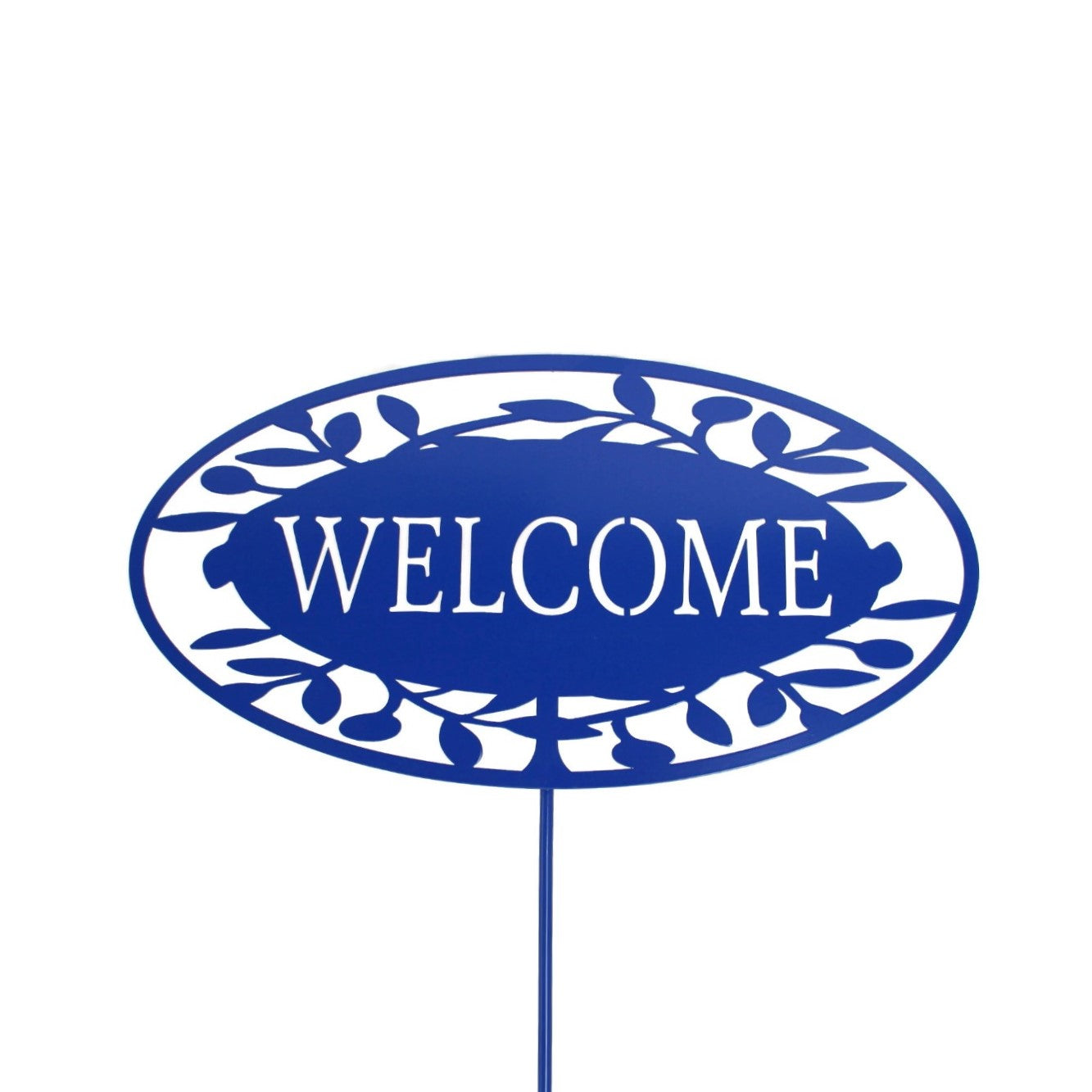 Blue powder coat welcome leaf pattern metal garden stake