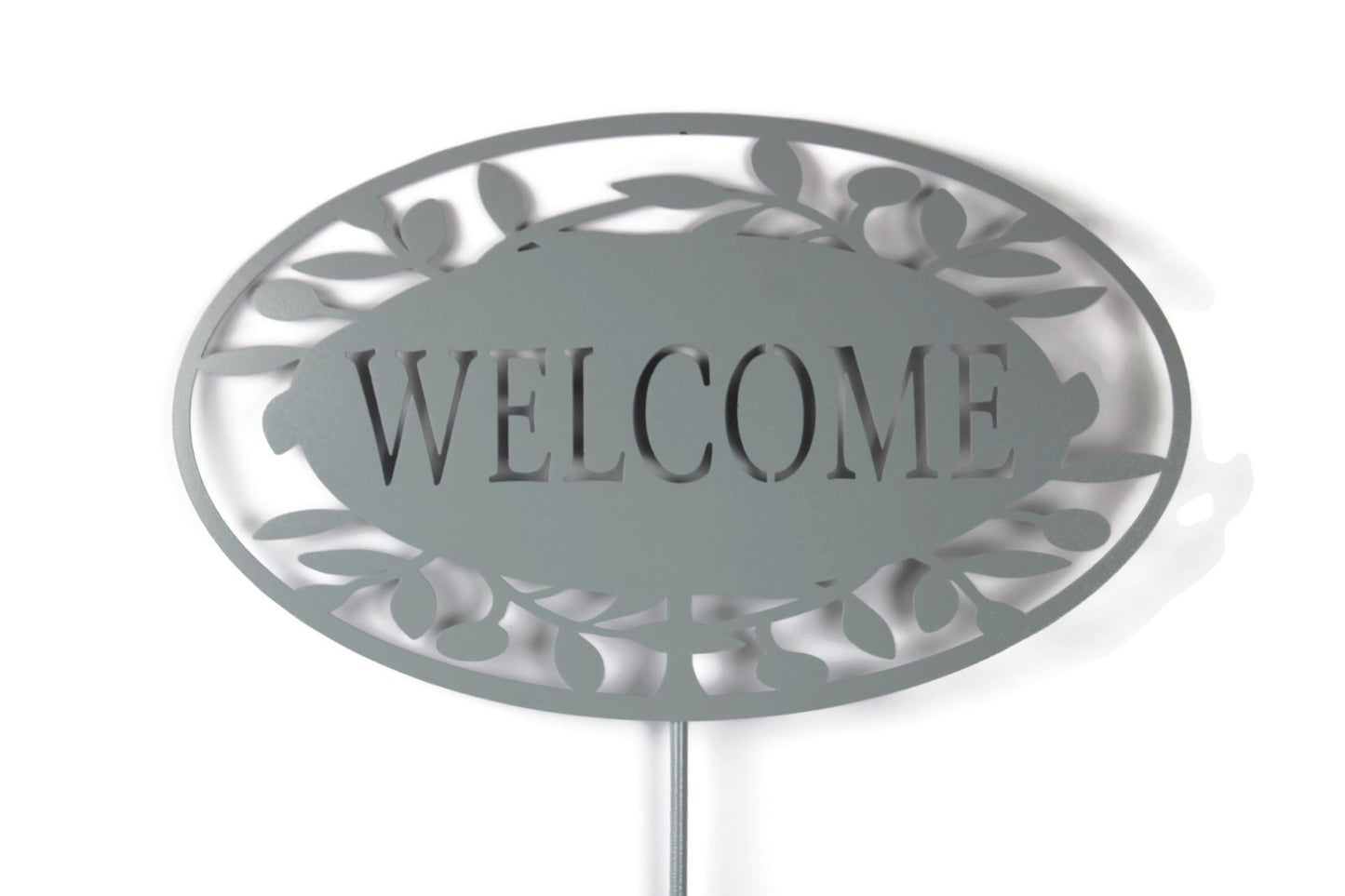 Gray powder coat welcome leaf pattern metal garden stake