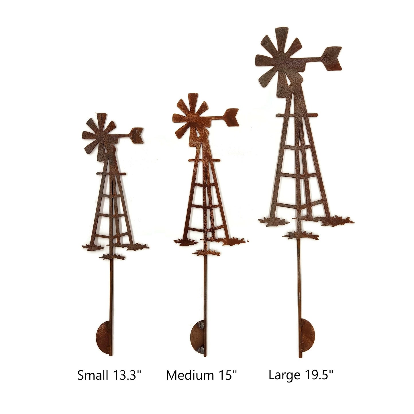 Rusty metal windmill garden stake small, medium, and large size comparison