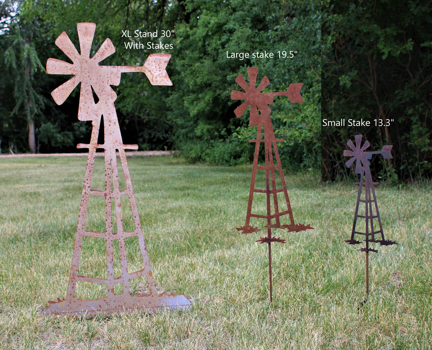 Rusty metal windmill garden stake small, medium, and large size comparison