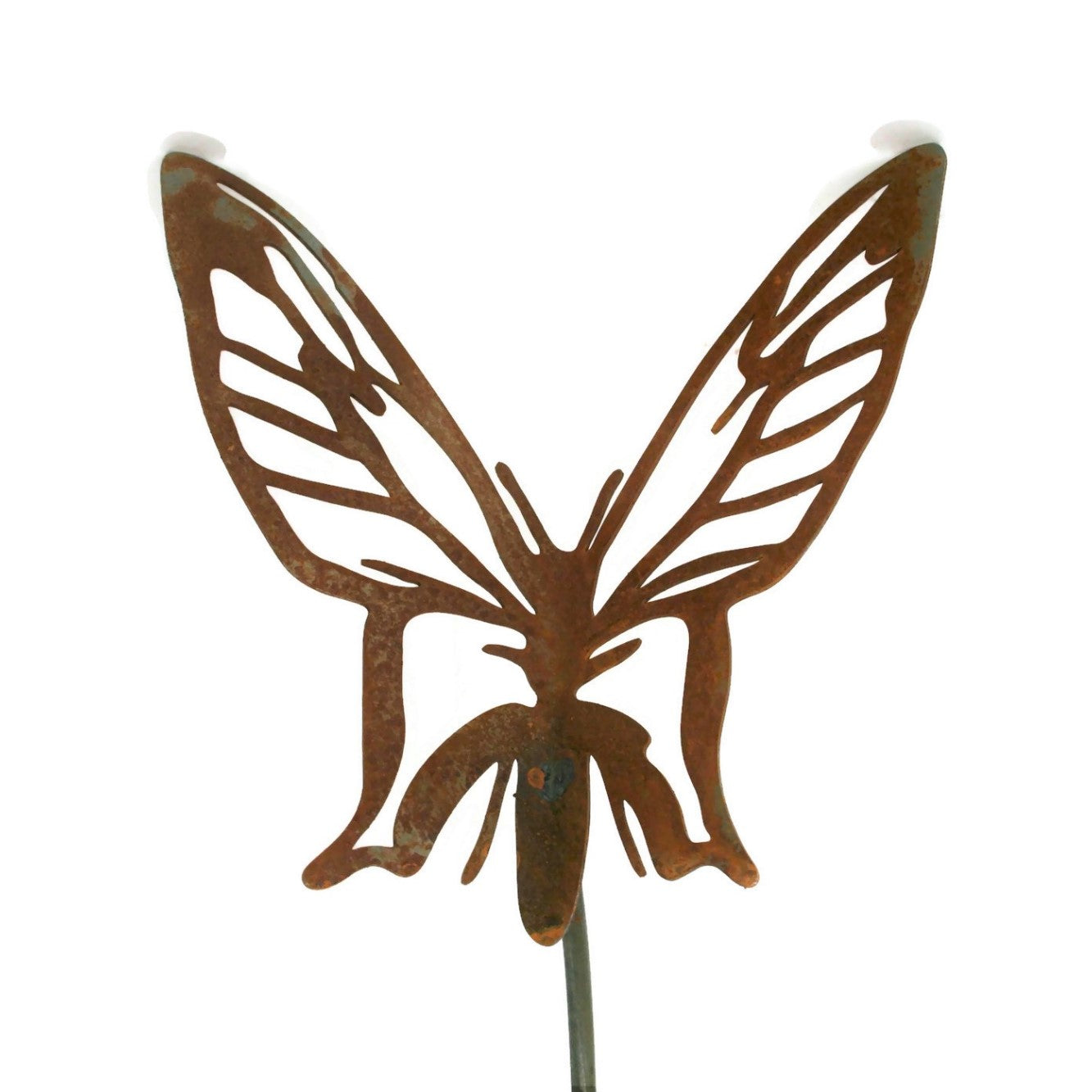 Metal butterfly garden stake in rust