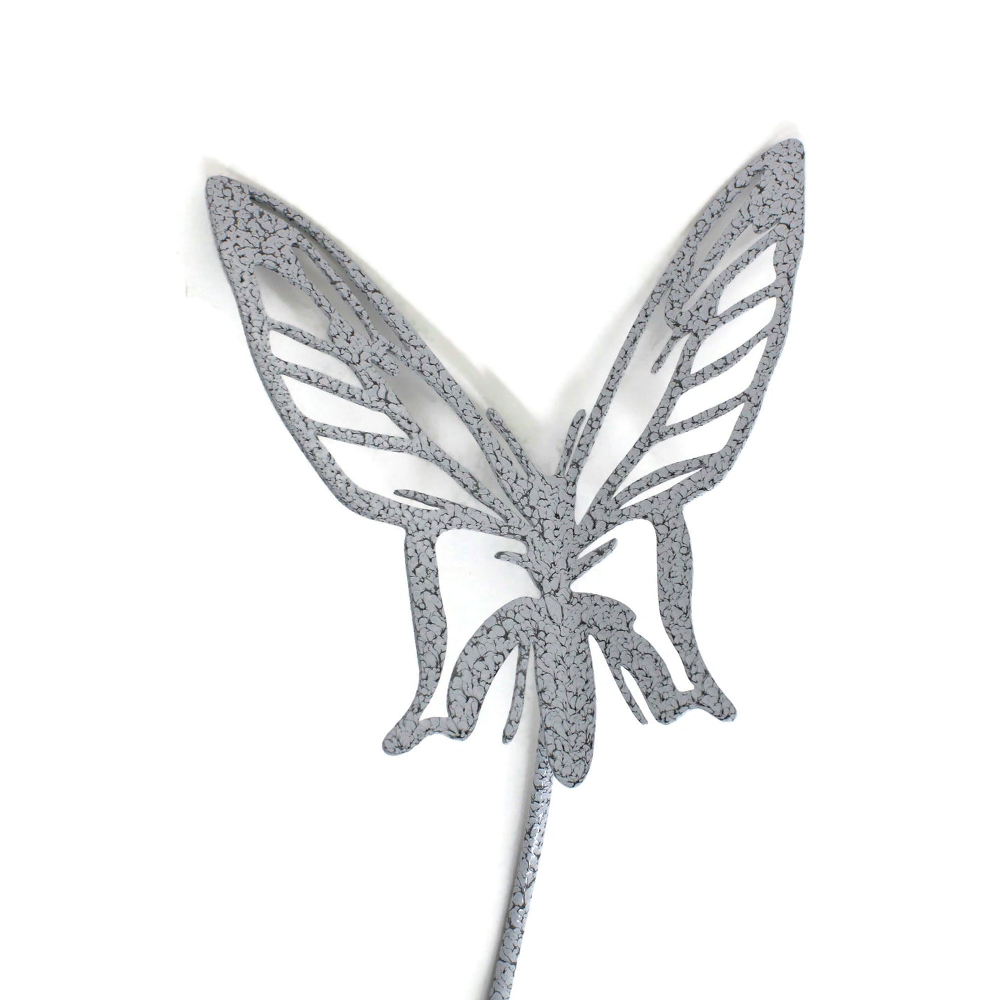 Metal butterfly garden stake in white and gray powder coat