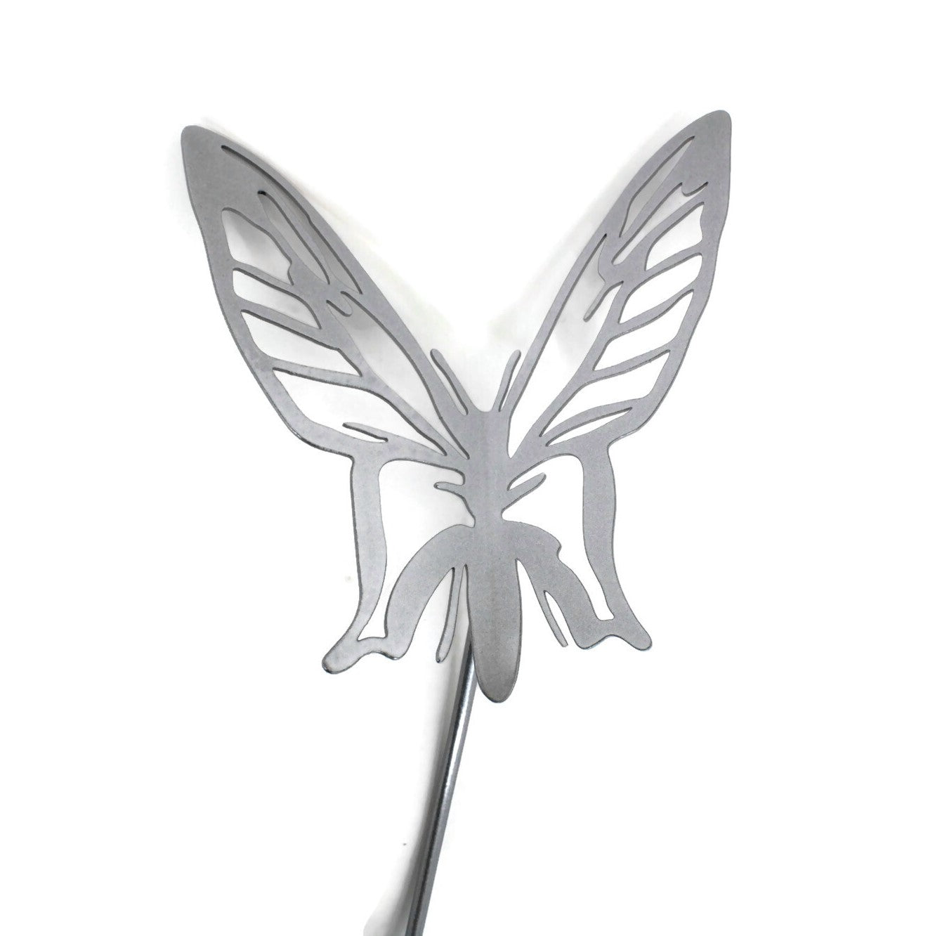 Metal butterfly garden stake in silver powder coat