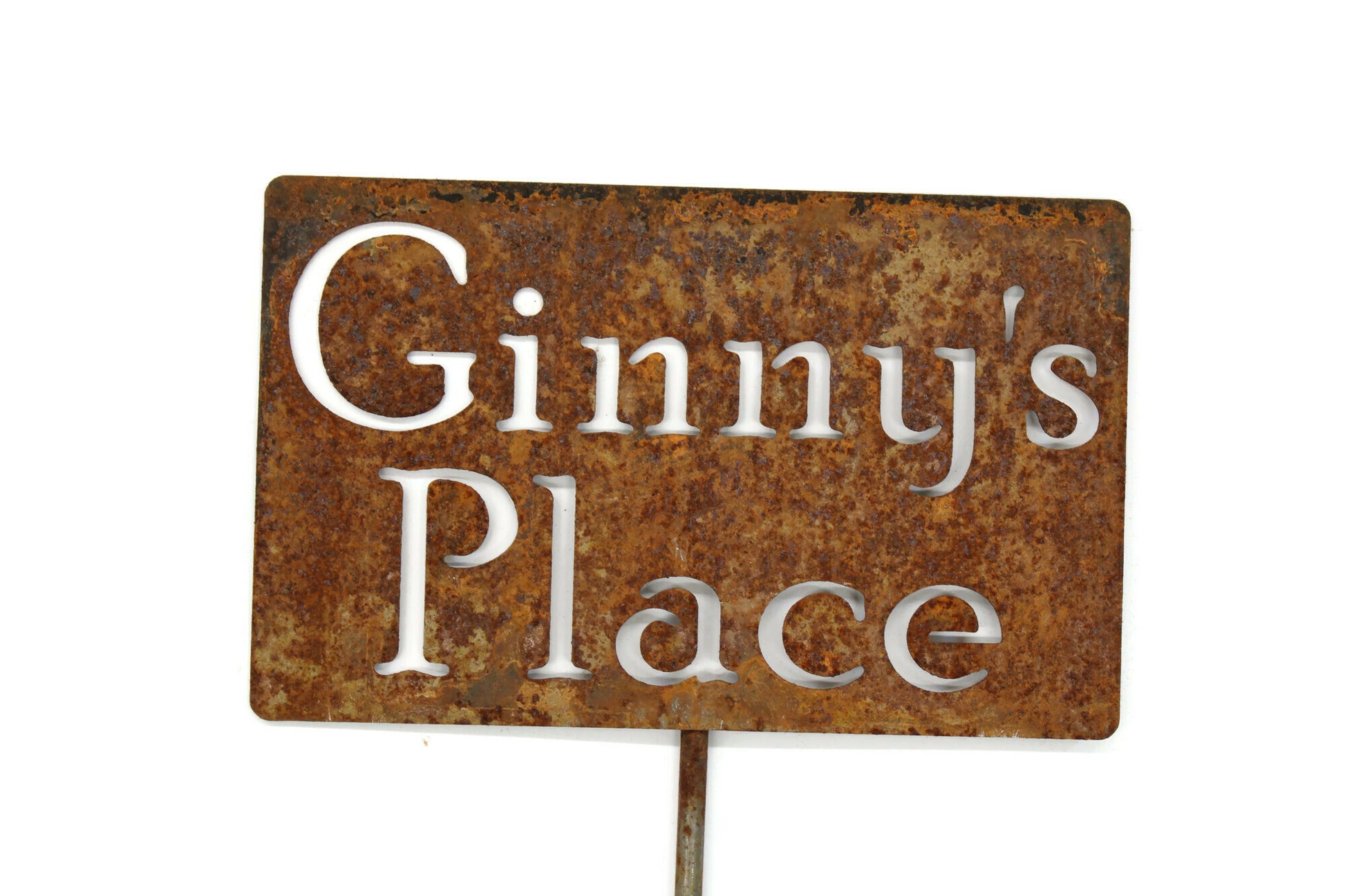 Ginny's Place rusted garden stake sign