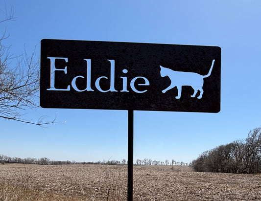 Classic metal garden marker with a cat silhouette and Eddie for text