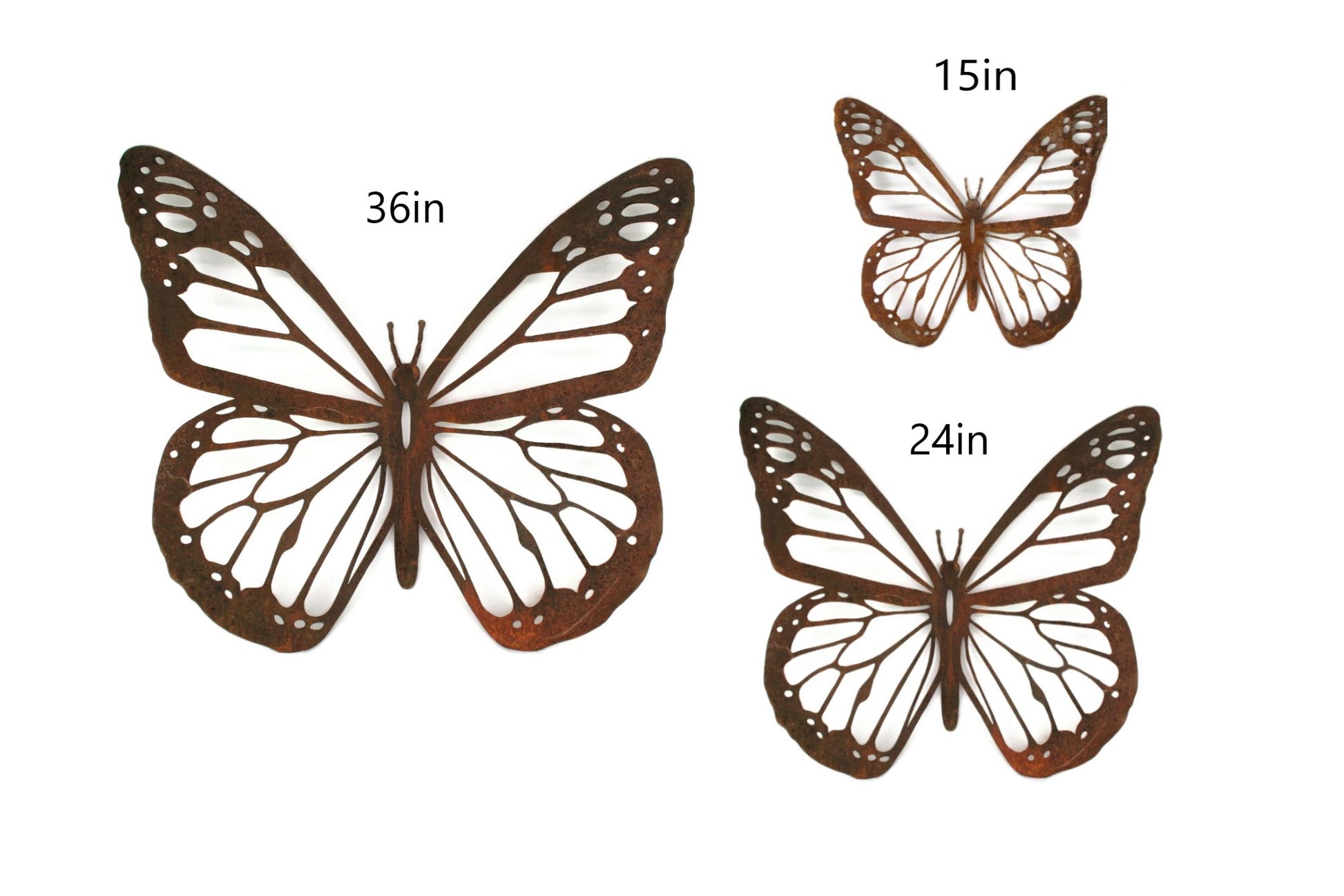 Rusty metal monarch butterfly wall art in three sizes