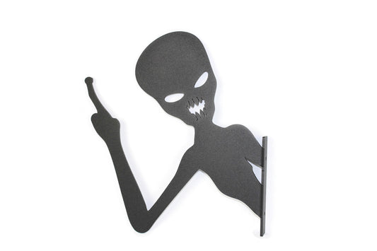 Black powder coat metal peek a boo alien sign with finger up
