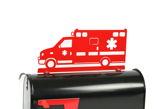 Red powder coat ambulance metal mailbox topper installed on a mailbox