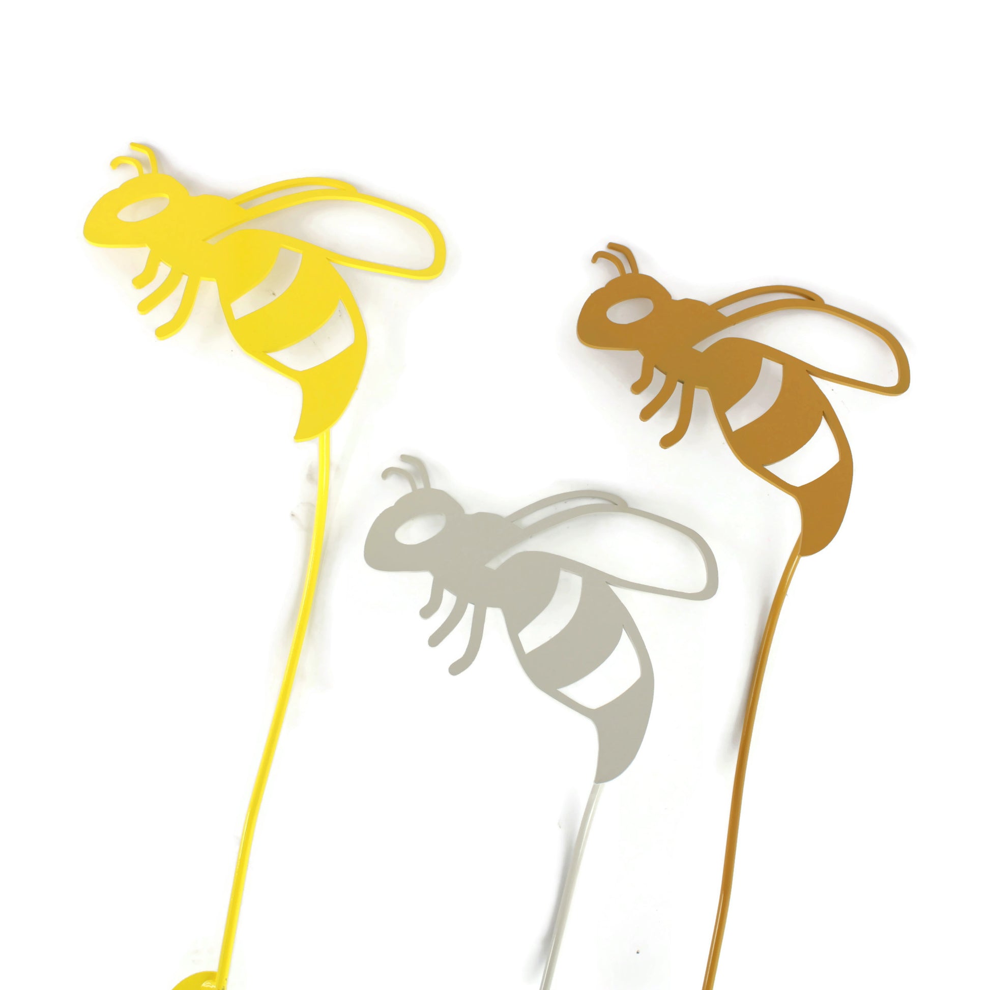 Dark yellow, yellow, and cream powder coat metal honey bee stakes