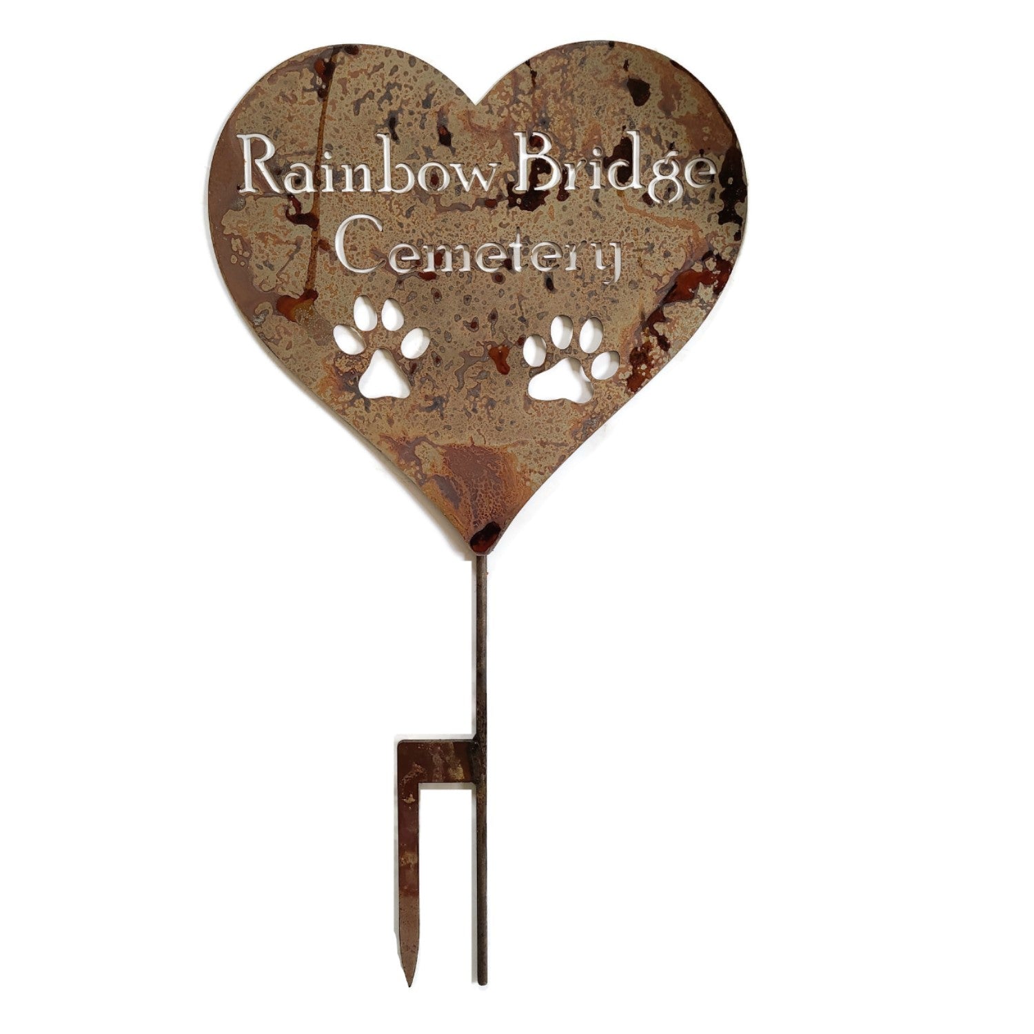 Custom heart-shaped rusty garden stake sign in rust with two paws and Rainbow Bridge Cemetery for text