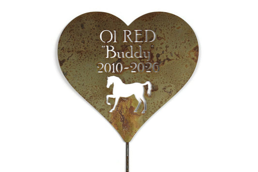Metal Pet Memorial Grave Marker Garden Stake Heart Shape with Horse 23 to 48 Inches Tall