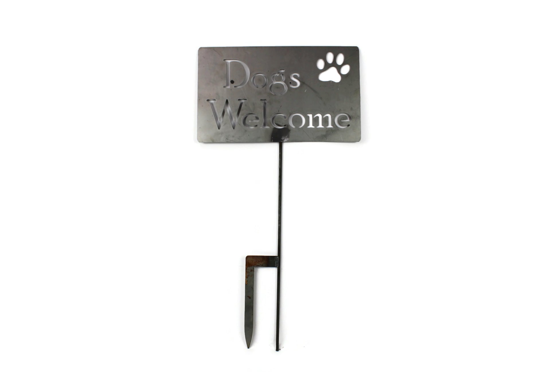 Dogs Welcome large raw steel garden stake sign