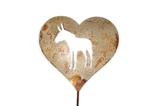 Heart-shaped donkey decor stake in naturally rusted finish