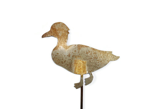 Metal duck sign stake in naturally rusted finish