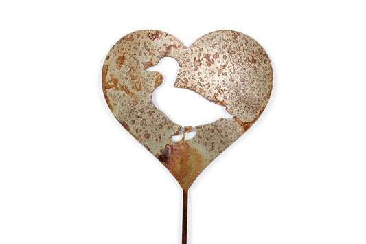 Metal duck heart stake in naturally rusted finish