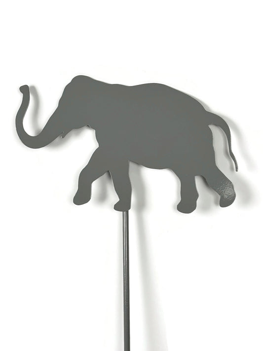 Elephant shaped metal garden stake in gray powder coat finish